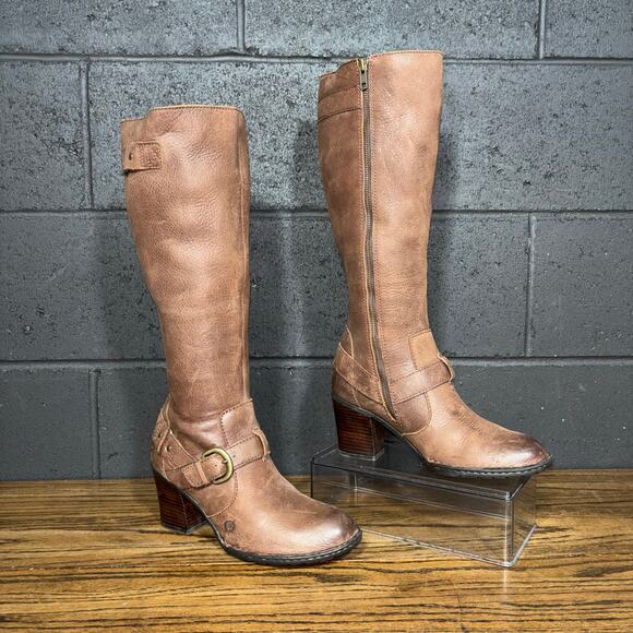 Born Shoes - Born Tall Leather Boots Brown Riding Buckle Stacked Heel Size 8.5